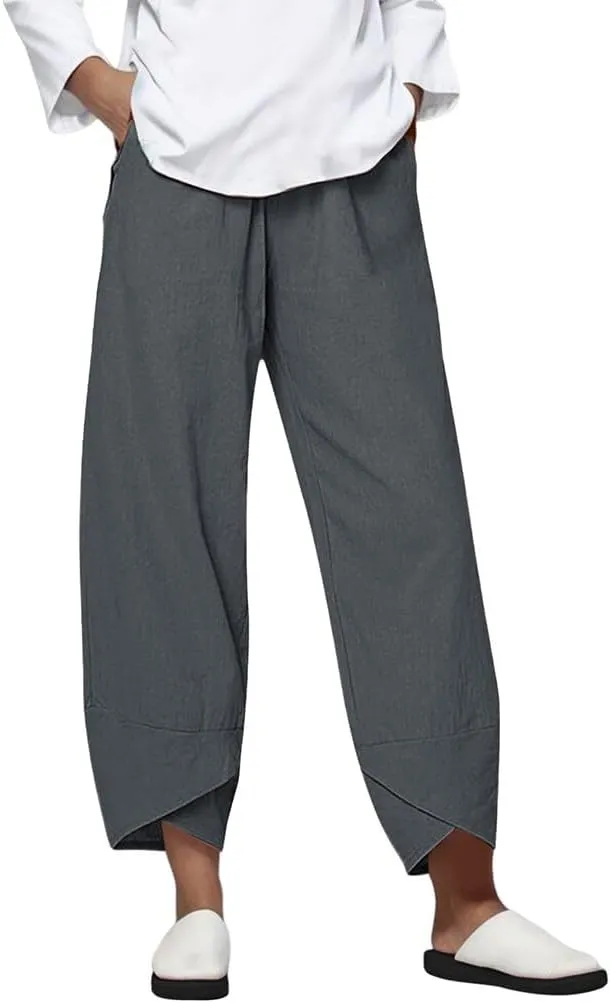 Linen Pants Wide Leg Trousers Trendy Lounge Pant Casual Elastic Waisted Linen Pants for Women Casual Work Pants