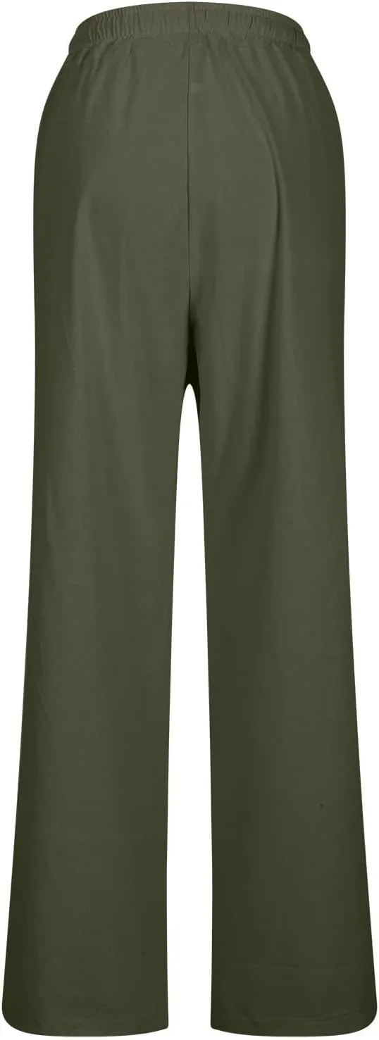 Linen Pants Women 2025 Summer High Waist Elastic Long Pant Straight Leg Lounge Pants Casual Lightweight Trousers