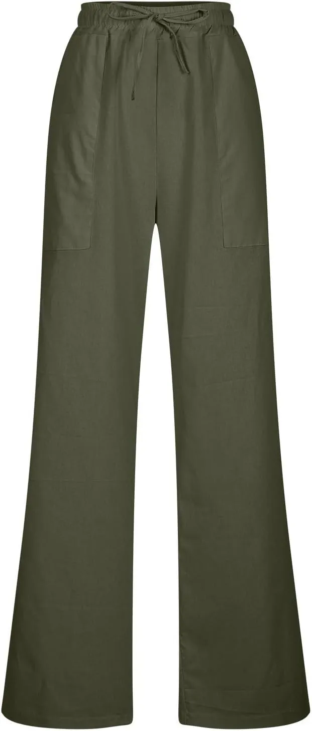 Linen Pants Women 2025 Summer High Waist Elastic Long Pant Straight Leg Lounge Pants Casual Lightweight Trousers