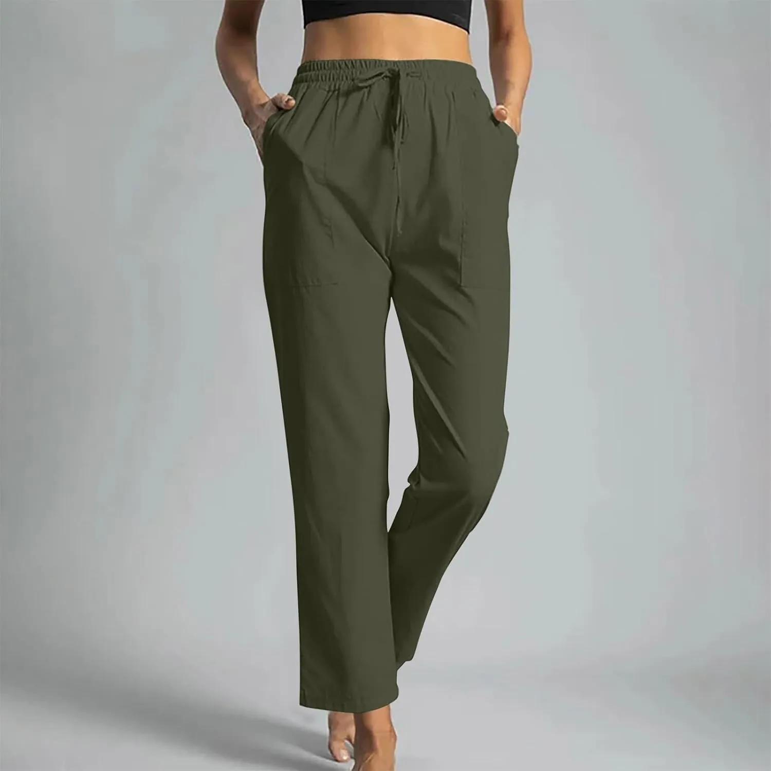 Linen Pants Women 2025 Summer High Waist Elastic Long Pant Straight Leg Lounge Pants Casual Lightweight Trousers