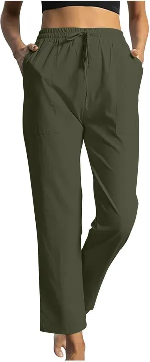 Linen Pants Women 2025 Summer High Waist Elastic Long Pant Straight Leg Lounge Pants Casual Lightweight Trousers