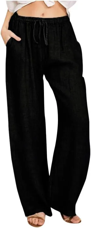Linen Pants Women Casual Linen High Waist Pant Loose Fit Summer Pants Trousers Cotton Linen Palazzo Pants with Pockets