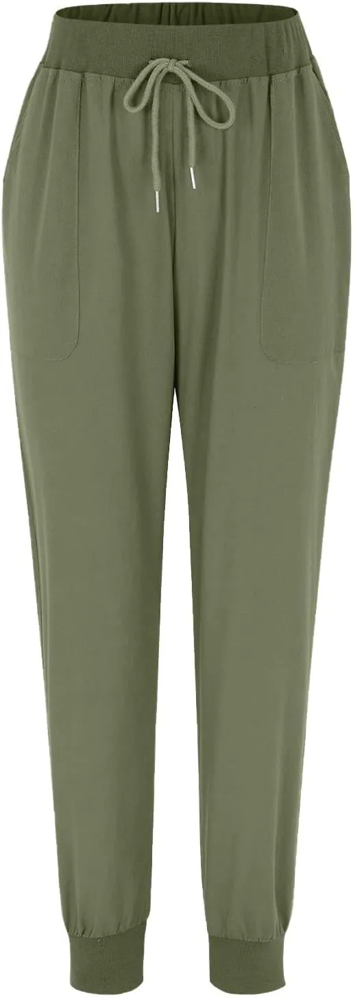 Linen Pants Women Drawstring Elastic Waist Tapered Leg Pants Casual Jogger Baggy Summer Trendy Beach Vacation Trousers