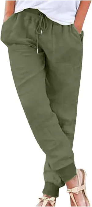Linen Pants Women Drawstring Elastic Waist Tapered Leg Pants Casual Jogger Baggy Summer Trendy Beach Vacation Trousers