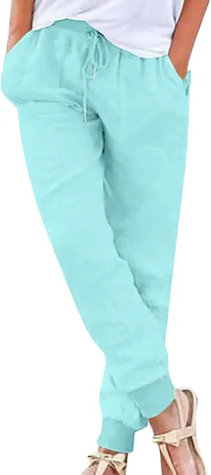 Linen Pants Women Drawstring Tapered Leg Petite Pants Elastic Waist Jogger Baggy Summer Palazzo Trousers with Pockets
