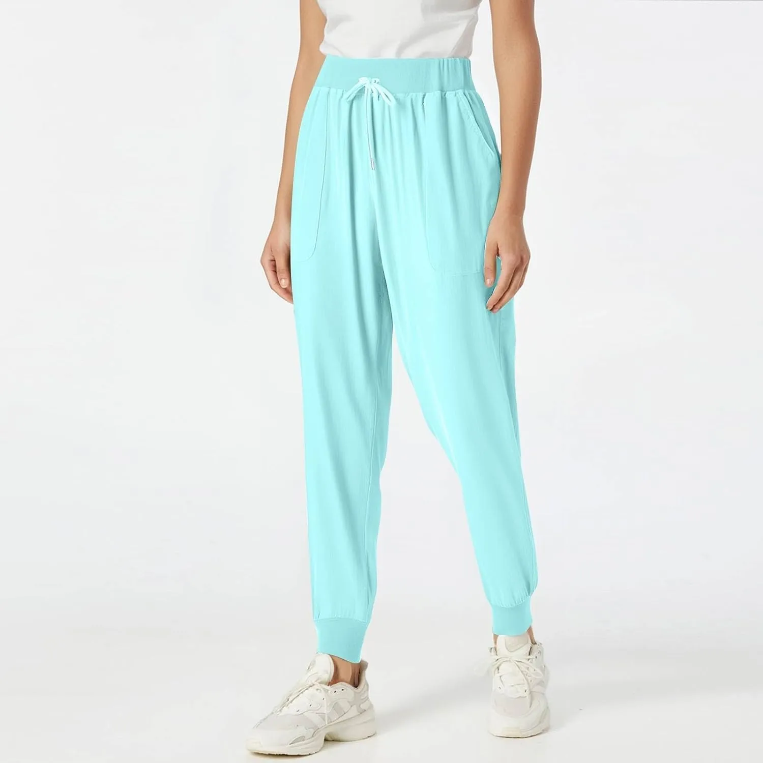 Linen Pants Women Drawstring Tapered Leg Petite Pants Elastic Waist Jogger Baggy Summer Palazzo Trousers with Pockets