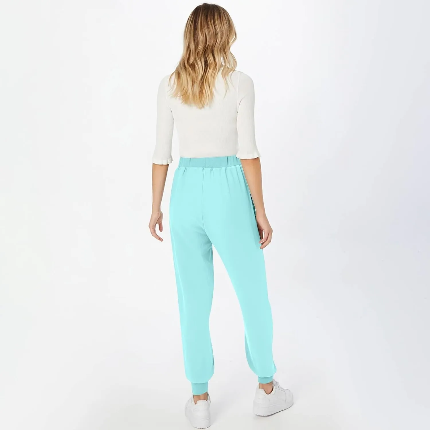 Linen Pants Women Drawstring Tapered Leg Petite Pants Elastic Waist Jogger Baggy Summer Palazzo Trousers with Pockets