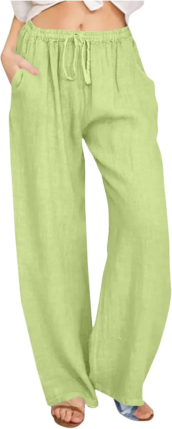 Linen Pants Women High Waisted Drawstring Palazzo Pant 2025 Summer Flowy Cotton Linen Beach Slack Trousers with Pocket
