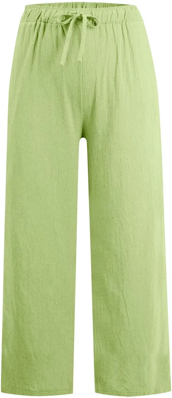 Linen Pants Women High Waisted Drawstring Palazzo Pant 2025 Summer Flowy Cotton Linen Beach Slack Trousers with Pocket