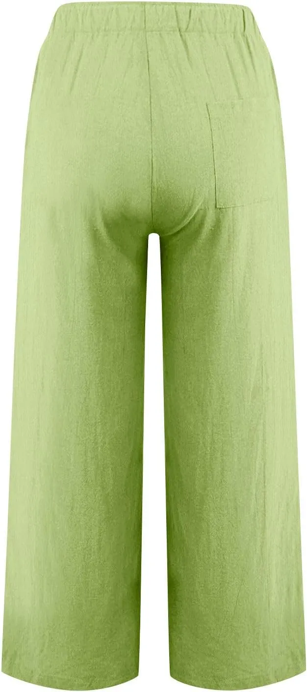 Linen Pants Women High Waisted Drawstring Palazzo Pant 2025 Summer Flowy Cotton Linen Beach Slack Trousers with Pocket
