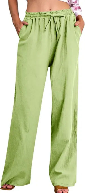 Linen Pants Women High Waisted Drawstring Palazzo Pant 2025 Summer Flowy Cotton Linen Beach Slack Trousers with Pocket
