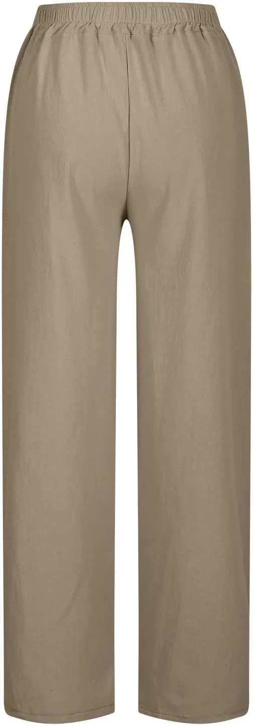 Linen Pants Women Summer Beach Elastic High Waist Lounge Pant Straight Leg Casual Loose Lightweight Fashion Trousers