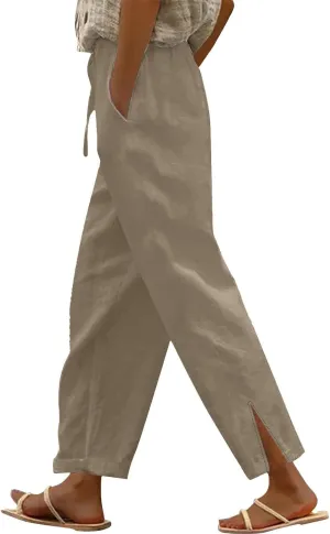 Linen Pants Women Summer Beach Elastic High Waist Lounge Pant Straight Leg Casual Loose Lightweight Fashion Trousers