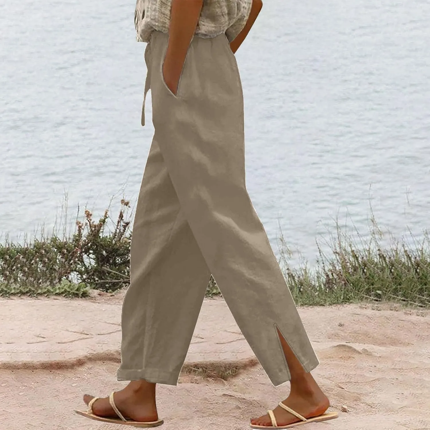 Linen Pants Women Summer Beach Elastic High Waist Lounge Pant Straight Leg Casual Loose Lightweight Fashion Trousers