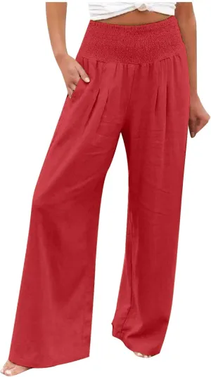 Linen Pants Women Summer Boho Wide Leg High Waist Casual Lounge Pants 2025 Beach Travel Vacation Outfits Linen Pants