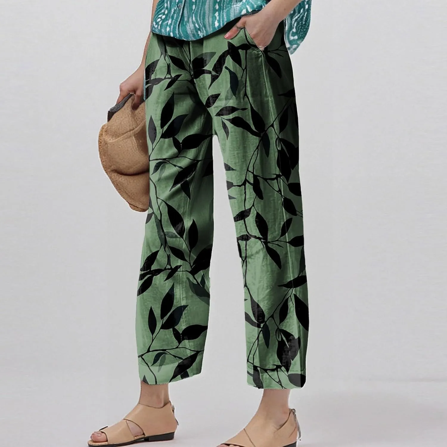 Linen Pants Women Summer Boho Wide Leg Pants High Waisted Palazzo Pant Floral Print Beach Trousers with Pockets