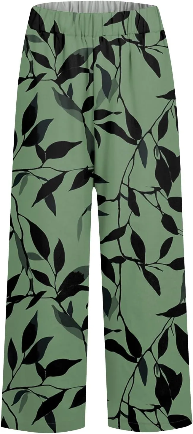 Linen Pants Women Summer Boho Wide Leg Pants High Waisted Palazzo Pant Floral Print Beach Trousers with Pockets
