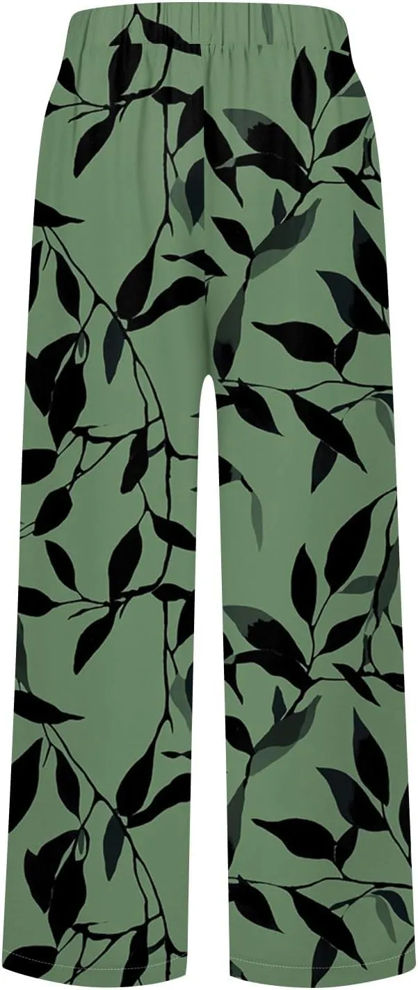 Linen Pants Women Summer Boho Wide Leg Pants High Waisted Palazzo Pant Floral Print Beach Trousers with Pockets