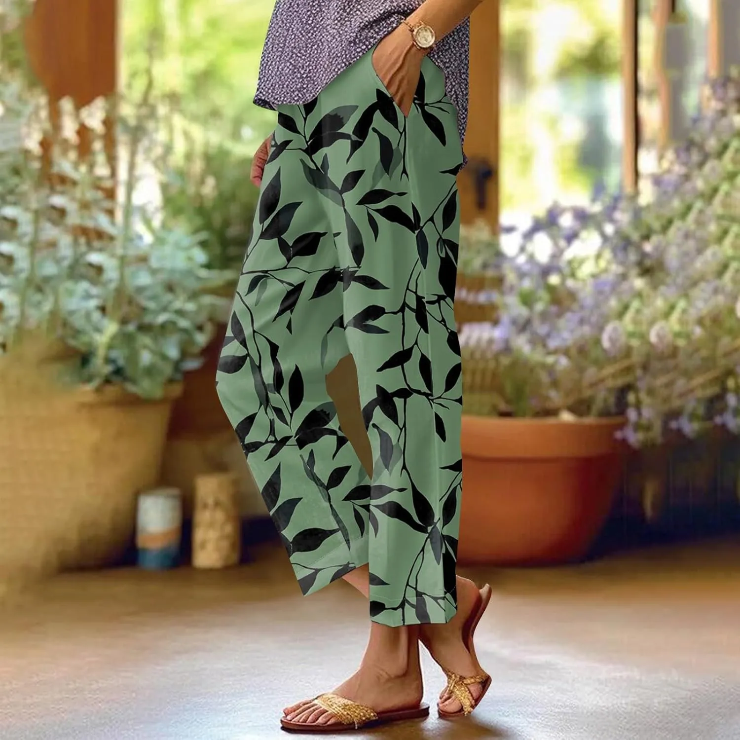 Linen Pants Women Summer Boho Wide Leg Pants High Waisted Palazzo Pant Floral Print Beach Trousers with Pockets