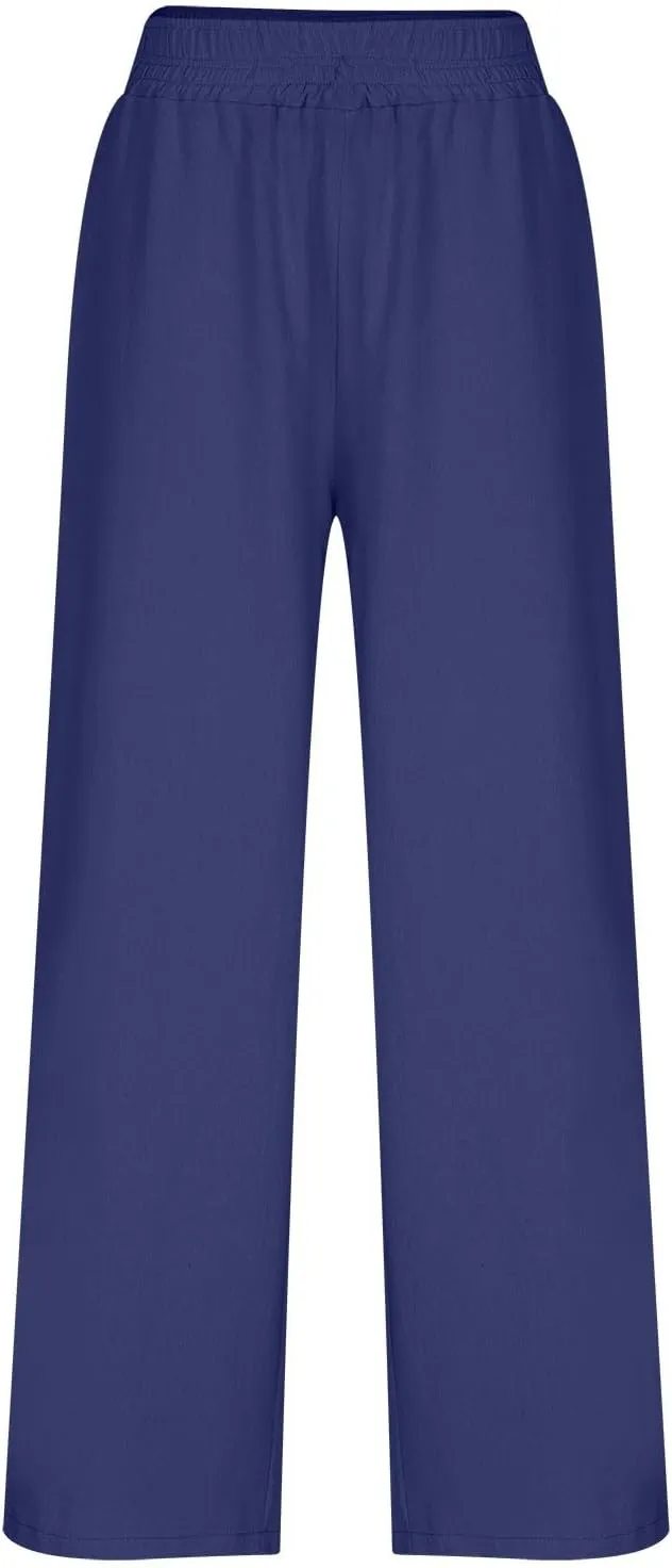 Linen Pants Women Summer Casual Loose Palazzo Flowy Slacks Elastic Waistband Wide Leg Beach Trousers with Pockets