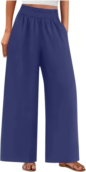 Linen Pants Women Summer Casual Loose Palazzo Flowy Slacks Elastic Waistband Wide Leg Beach Trousers with Pockets
