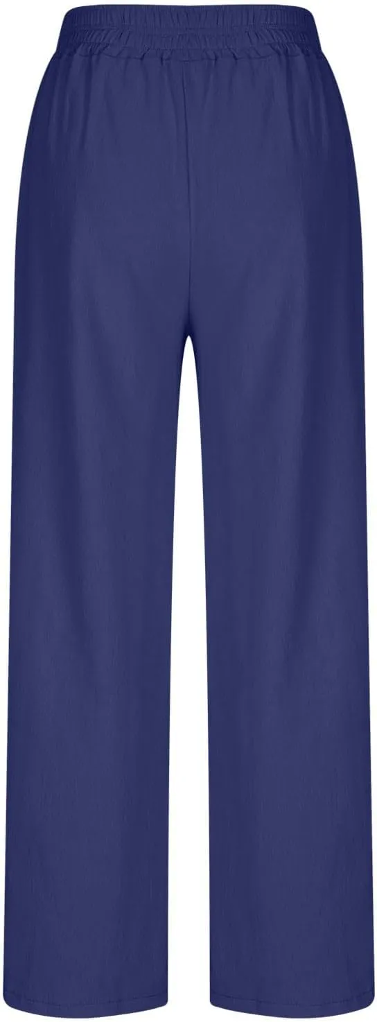 Linen Pants Women Summer Casual Loose Palazzo Flowy Slacks Elastic Waistband Wide Leg Beach Trousers with Pockets