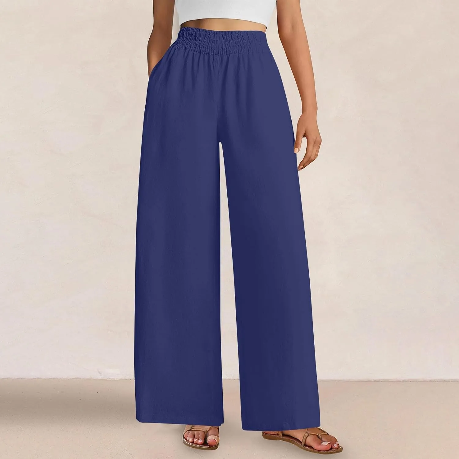 Linen Pants Women Summer Casual Loose Palazzo Flowy Slacks Elastic Waistband Wide Leg Beach Trousers with Pockets