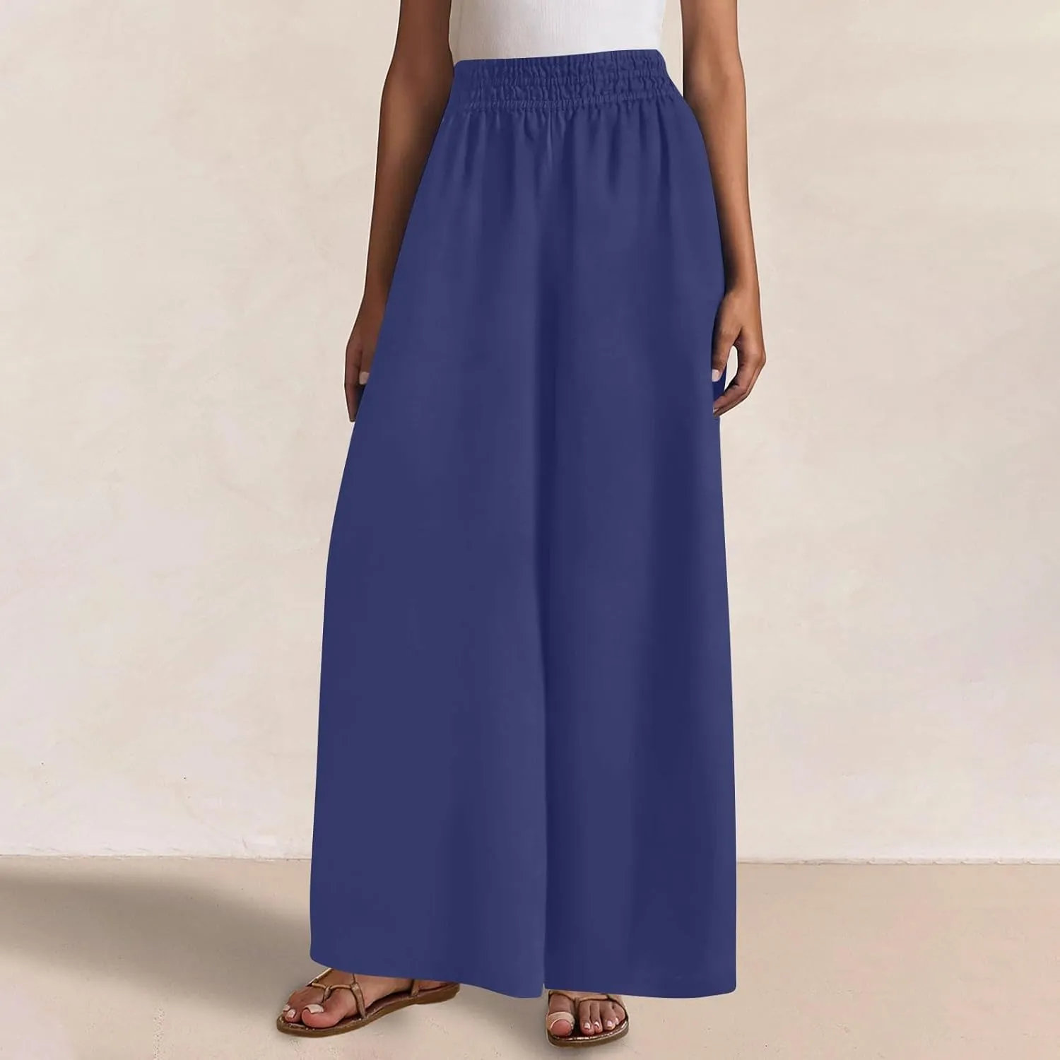 Linen Pants Women Summer Casual Loose Palazzo Flowy Slacks Elastic Waistband Wide Leg Beach Trousers with Pockets
