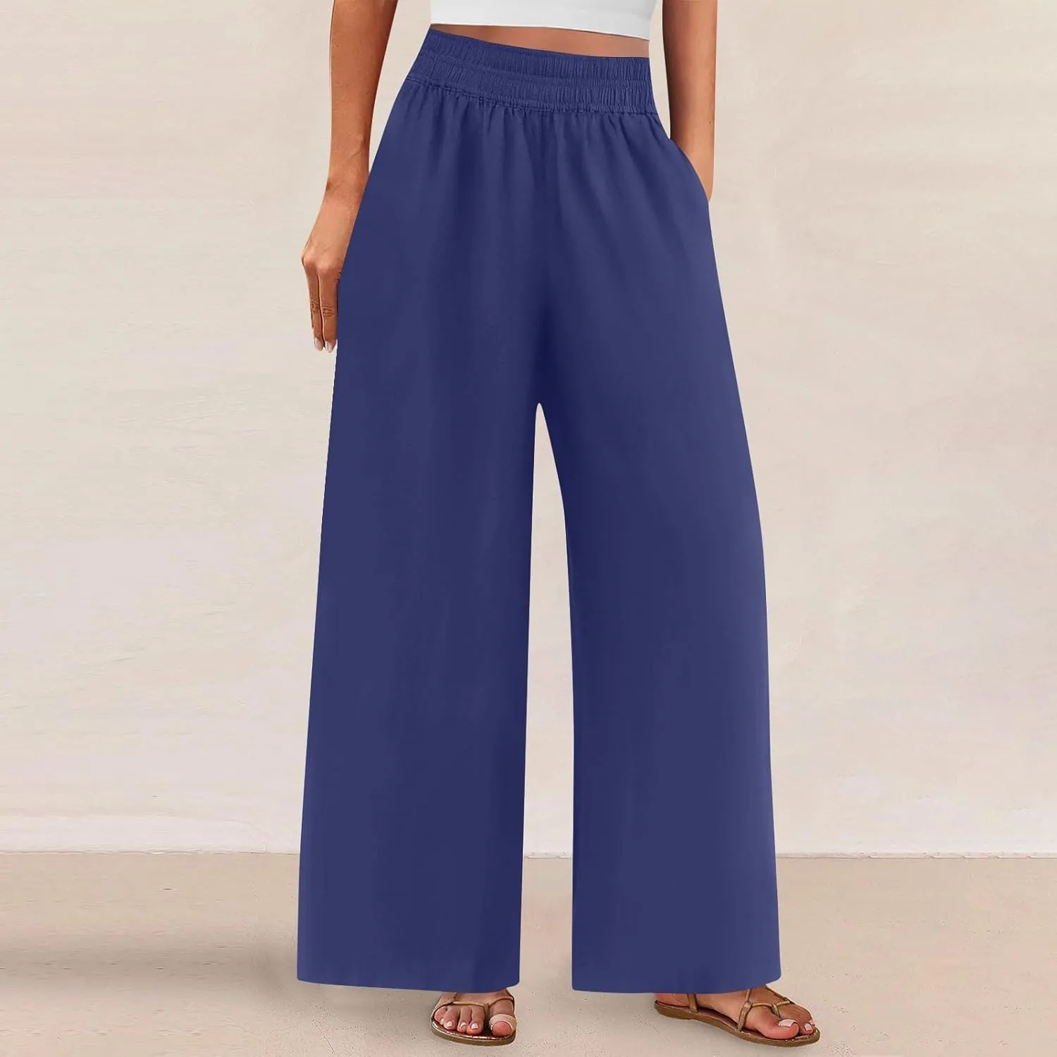 Linen Pants Women Summer Casual Loose Palazzo Flowy Slacks Elastic Waistband Wide Leg Beach Trousers with Pockets