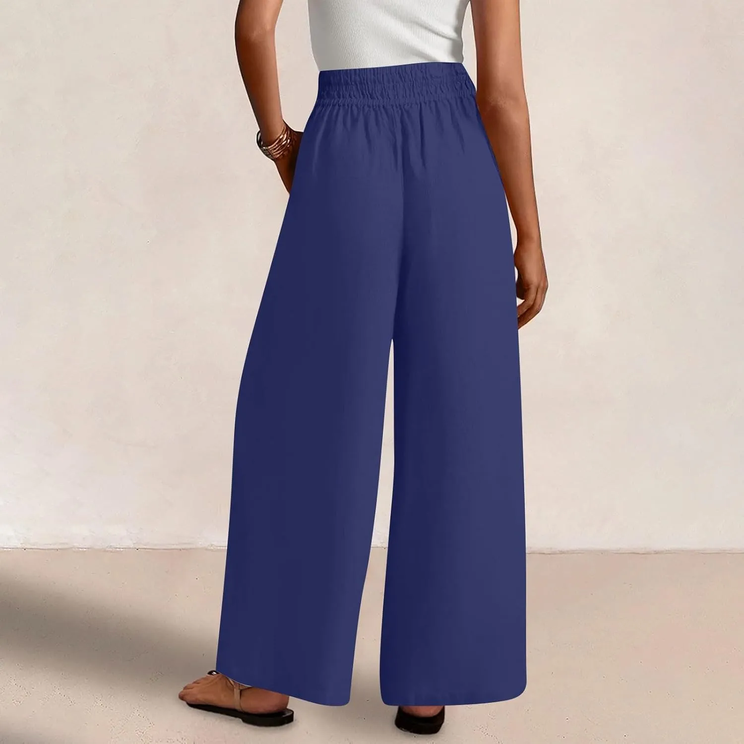 Linen Pants Women Summer Casual Loose Palazzo Flowy Slacks Elastic Waistband Wide Leg Beach Trousers with Pockets