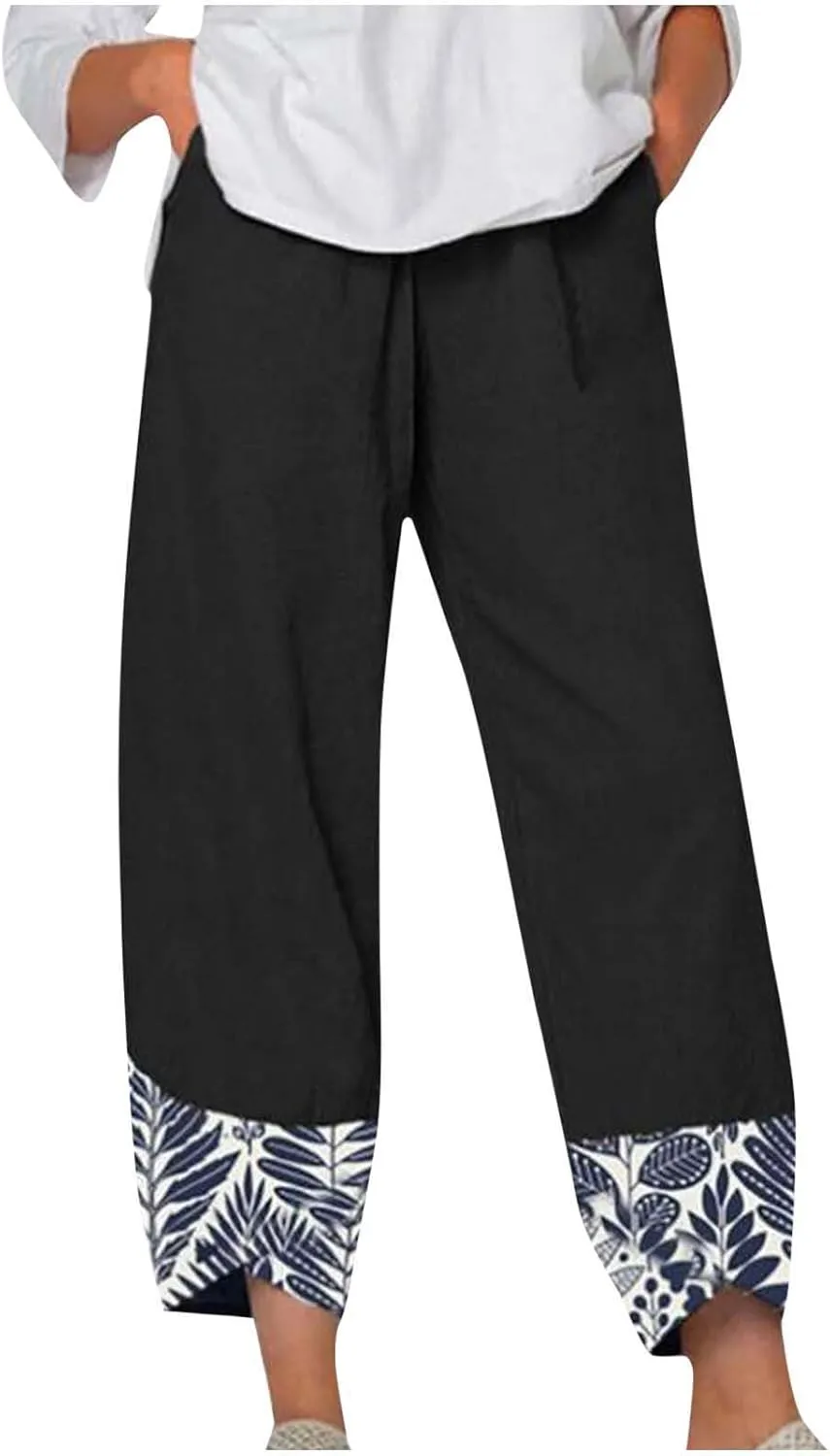Linen Pants Women Summer Trendy Casual Pants Elastic Waisted Spliced Printed Loose Fit Lounge Trousers with Pockets