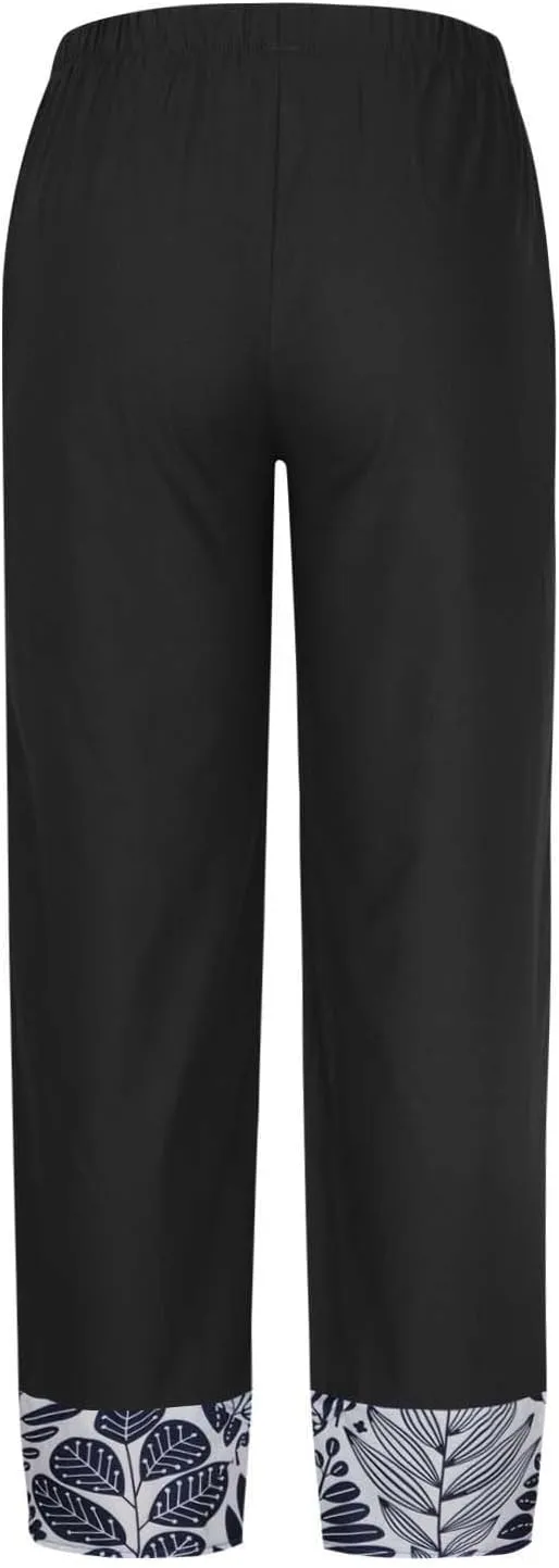 Linen Pants Women Summer Trendy Casual Pants Elastic Waisted Spliced Printed Loose Fit Lounge Trousers with Pockets