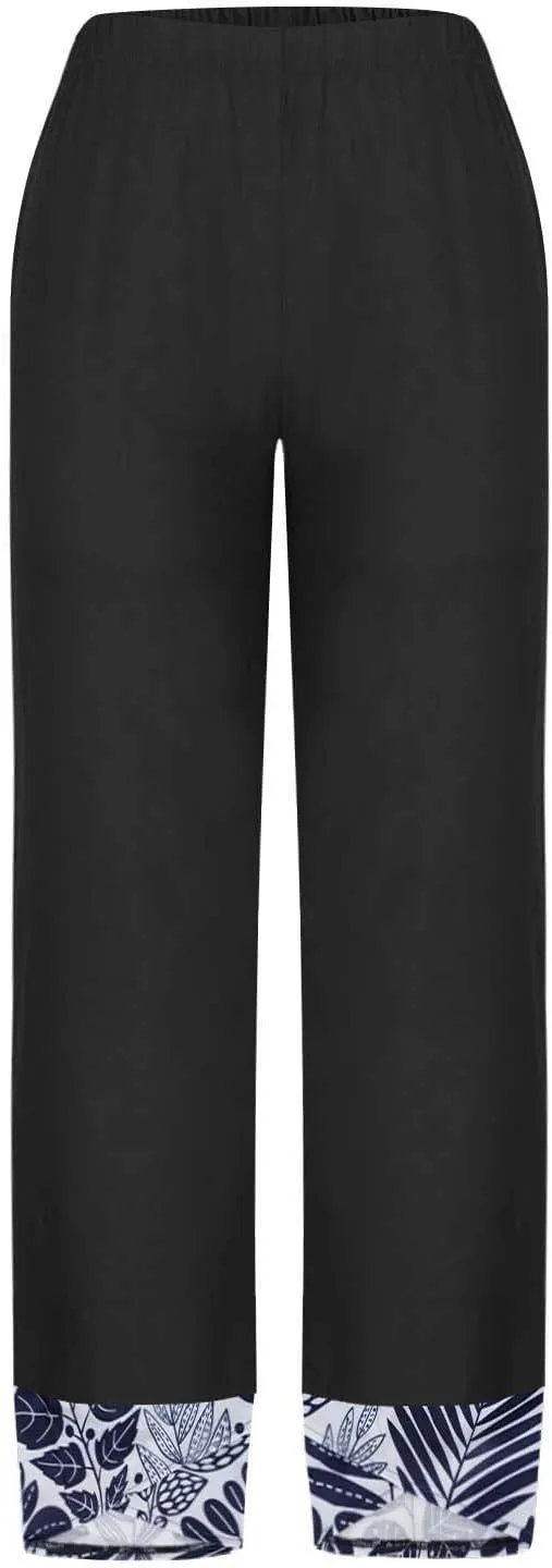 Linen Pants Women Summer Trendy Casual Pants Elastic Waisted Spliced Printed Loose Fit Lounge Trousers with Pockets