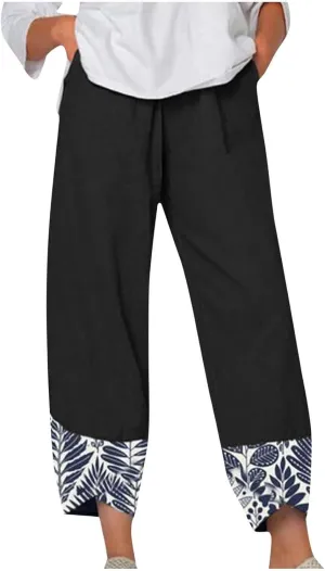 Linen Pants Women Summer Trendy Casual Pants Elastic Waisted Spliced Printed Loose Fit Lounge Trousers with Pockets