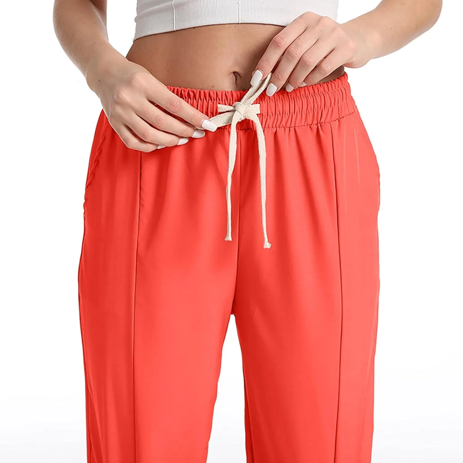 Linen Pants Women Tall Summer Straight Leg High Waist Flowy Beach Pants Travel Vacation Trendy Trouser with Pockets
