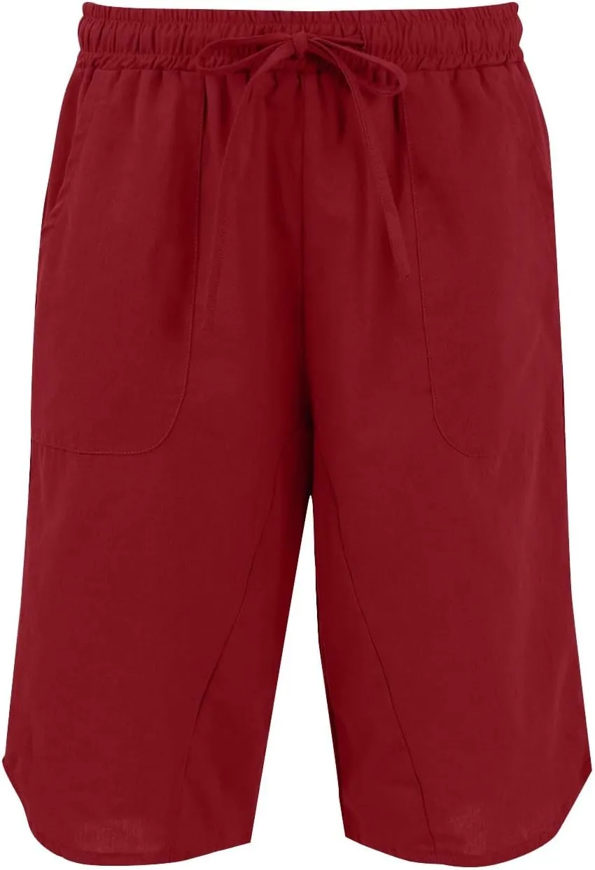 Linen Women's Shorts High Waisted Casual Wide Leg Drawstring Capri Pants with Pocket Knee Length