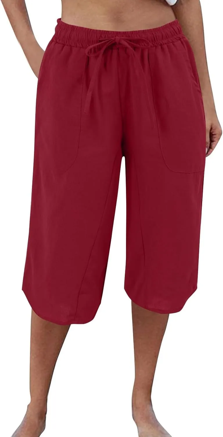 Linen Women's Shorts High Waisted Casual Wide Leg Drawstring Capri Pants with Pocket Knee Length
