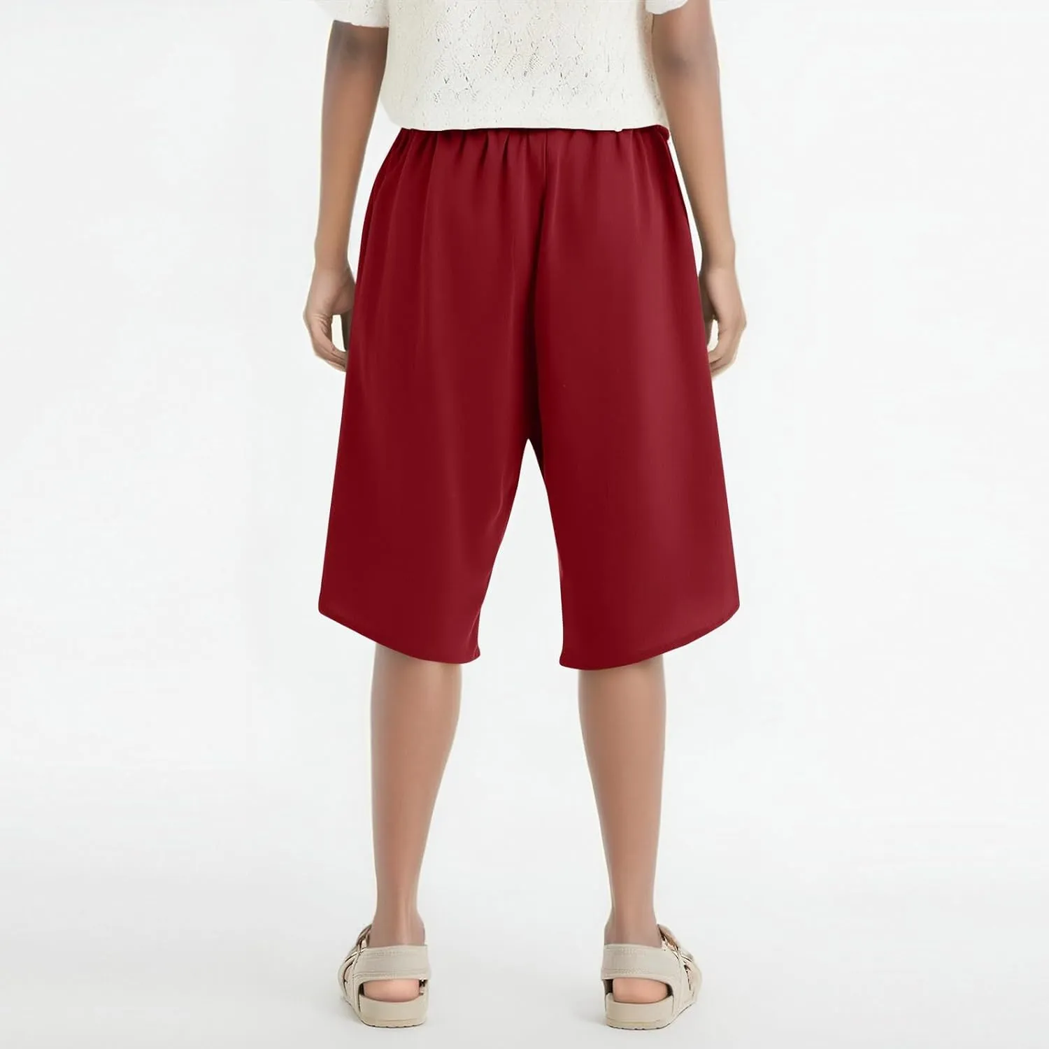 Linen Women's Shorts High Waisted Casual Wide Leg Drawstring Capri Pants with Pocket Knee Length