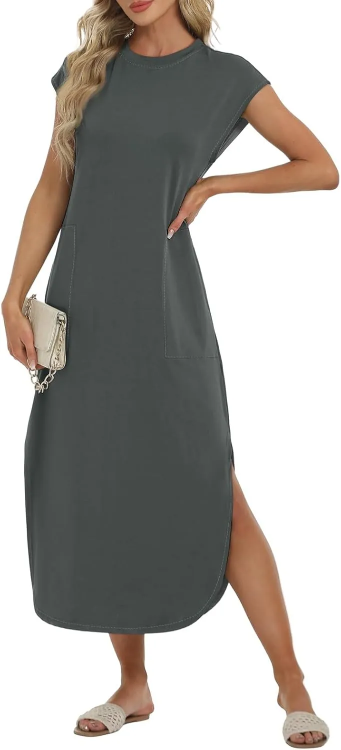 Long Maxi Dress for Women Casual Loose Hide Belly Sundress Plus Size Bohemian Sundresses Beach Dress with Pockets