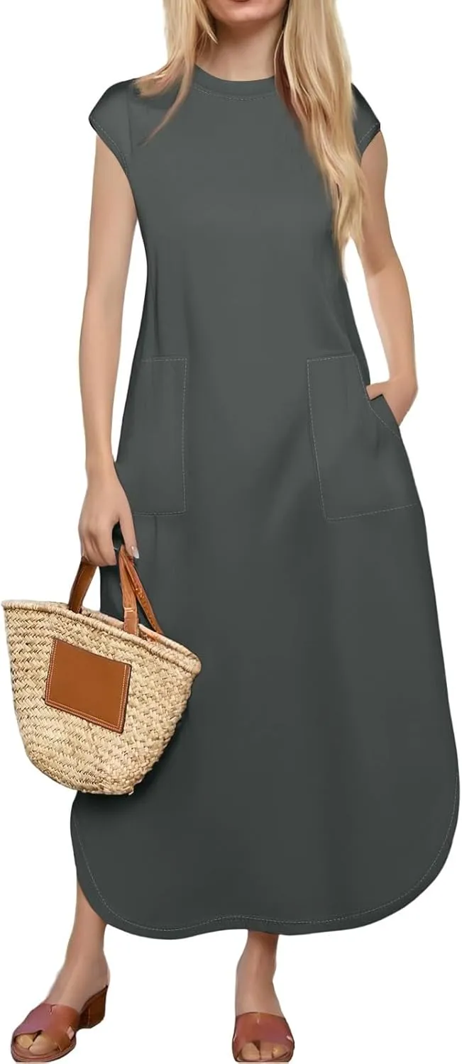 Long Maxi Dress for Women Casual Loose Hide Belly Sundress Plus Size Bohemian Sundresses Beach Dress with Pockets