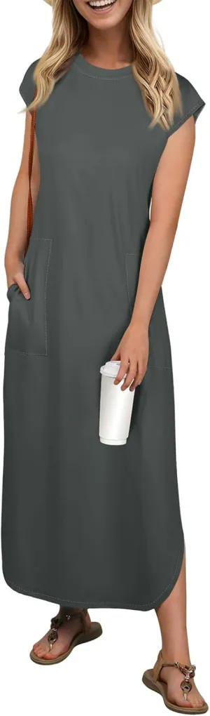 Long Maxi Dress for Women Casual Loose Hide Belly Sundress Plus Size Bohemian Sundresses Beach Dress with Pockets