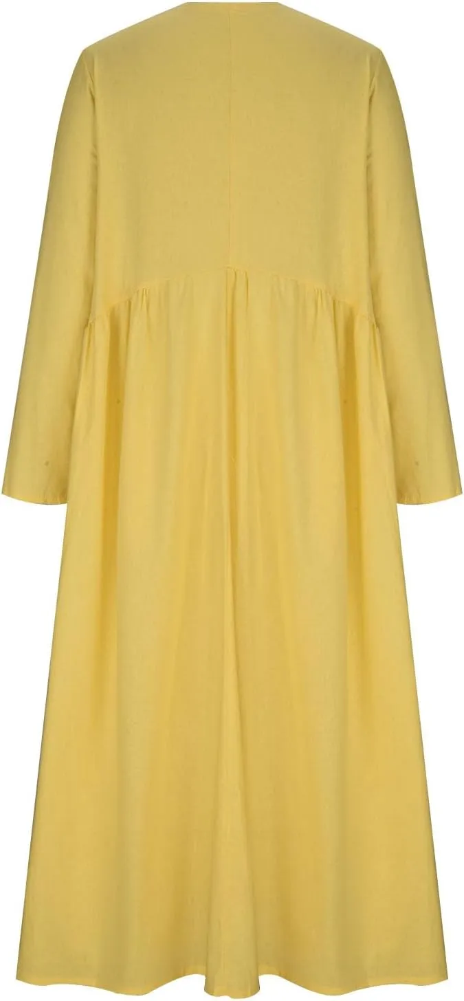 Long Sleeve Cotton Linen Dress Women Plus Size Babydoll Loose Maxi Dresses Casual V Neck A-Line Dress with Pockets