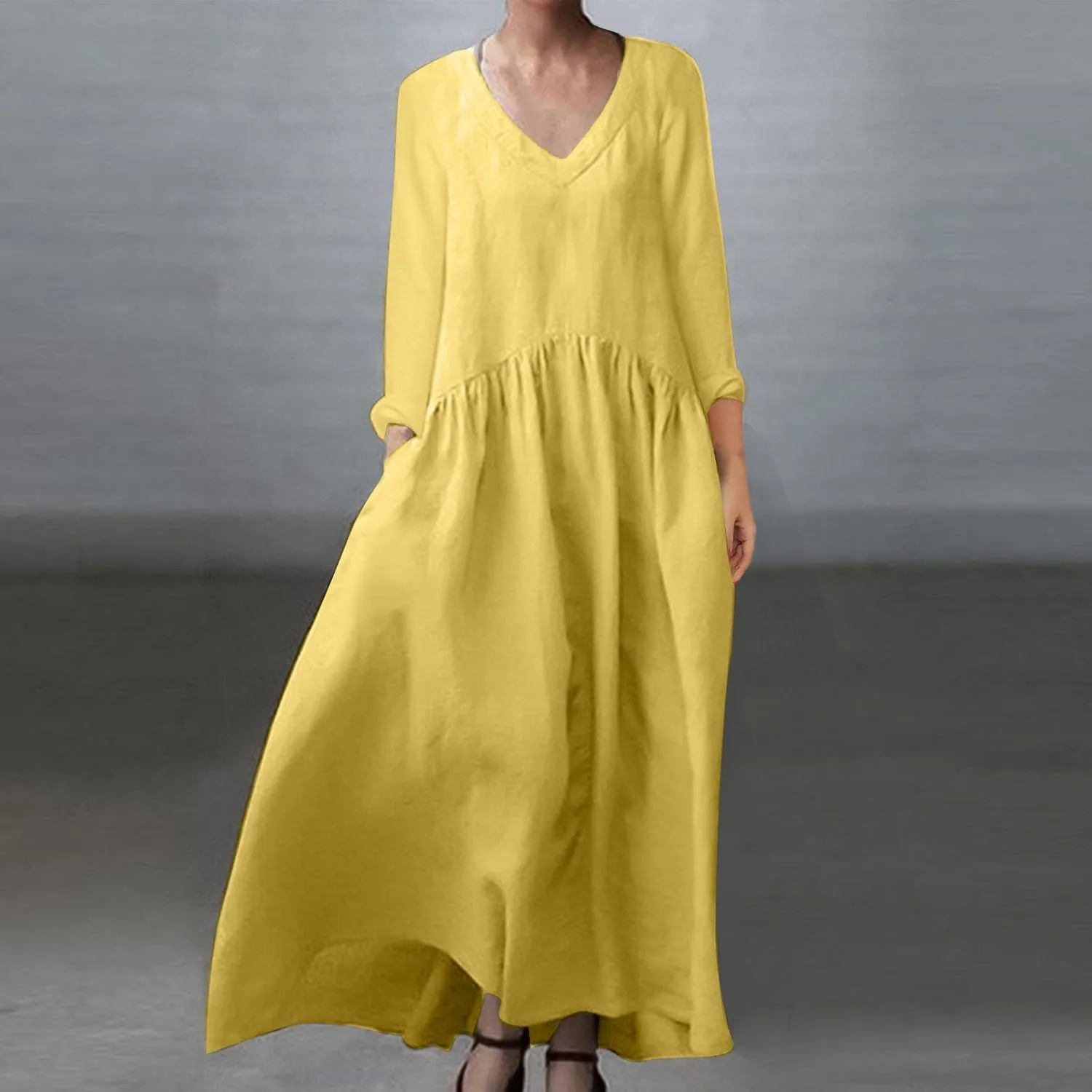 Long Sleeve Cotton Linen Dress Women Plus Size Babydoll Loose Maxi Dresses Casual V Neck A-Line Dress with Pockets