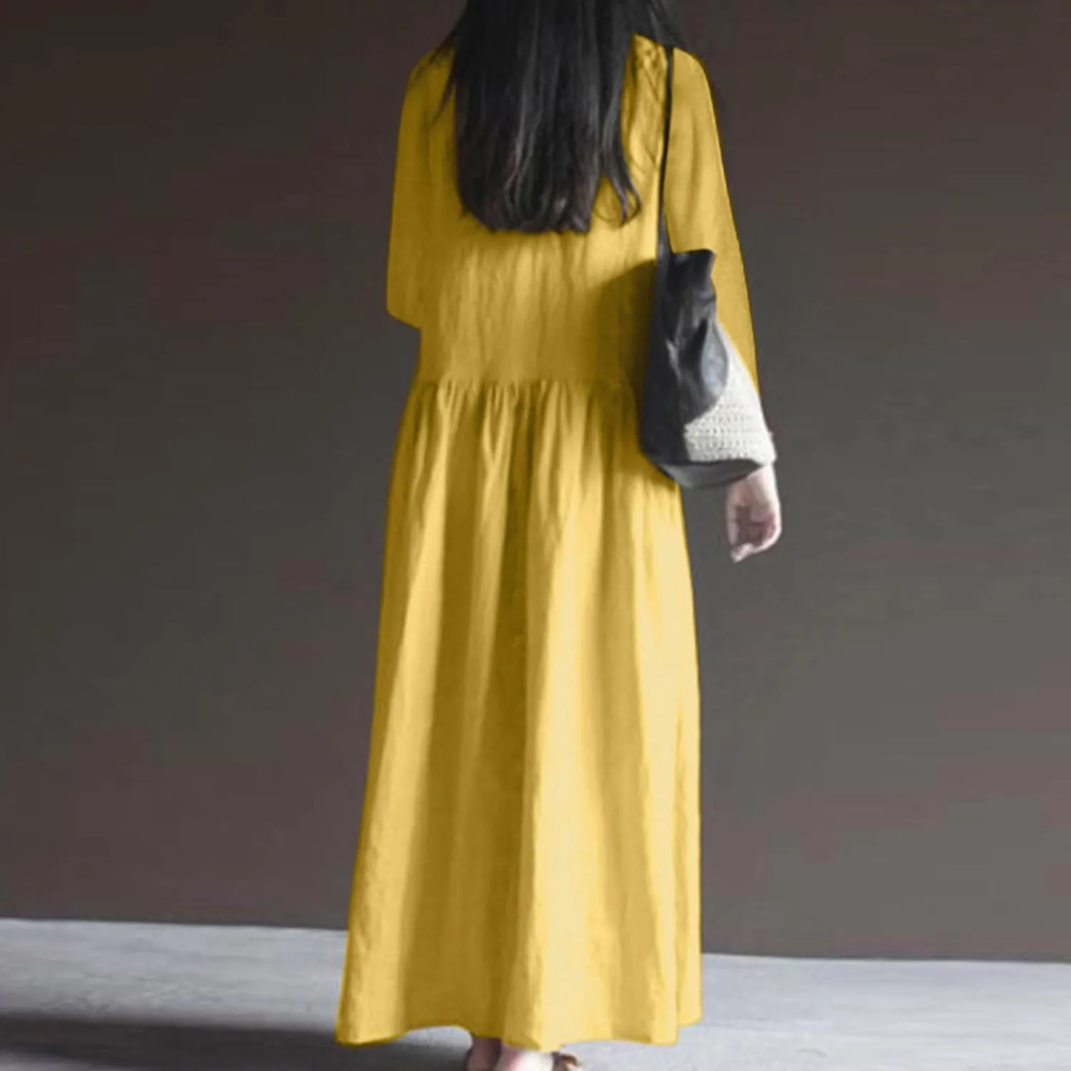 Long Sleeve Cotton Linen Dress Women Plus Size Babydoll Loose Maxi Dresses Casual V Neck A-Line Dress with Pockets