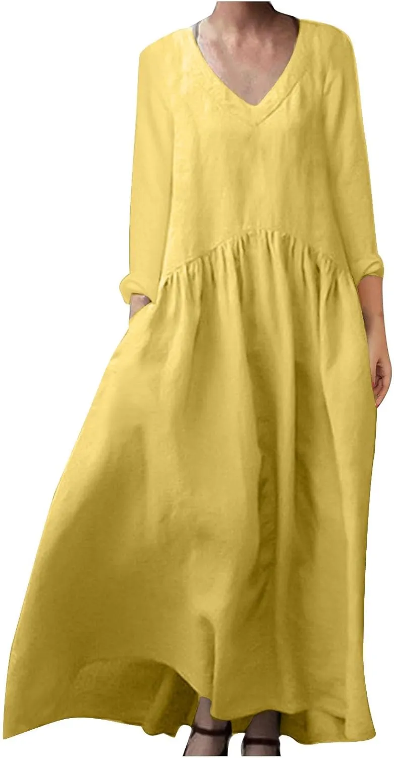 Long Sleeve Cotton Linen Dress Women Plus Size Babydoll Loose Maxi Dresses Casual V Neck A-Line Dress with Pockets