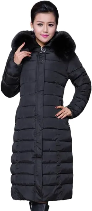 Long Women Winter Jacket Office Ladies Solid Parka Hooded Thick With Fur Collar Slim Cotton Padded Coat Jacke-