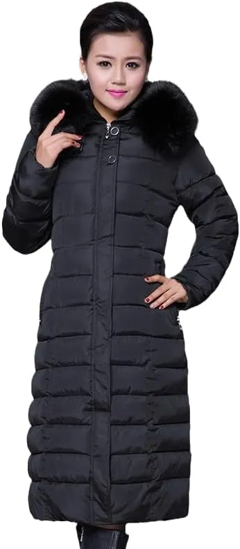 Long Women Winter Jacket Office Ladies Solid Parka Hooded Thick With Fur Collar Slim Cotton Padded Coat Jacke-