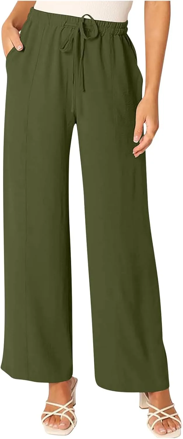 Lounge Pants for Women Casual Elastic Waist Wide Leg Pants with Pockets Casual Summer Cotton Linen Long Trousers 2025