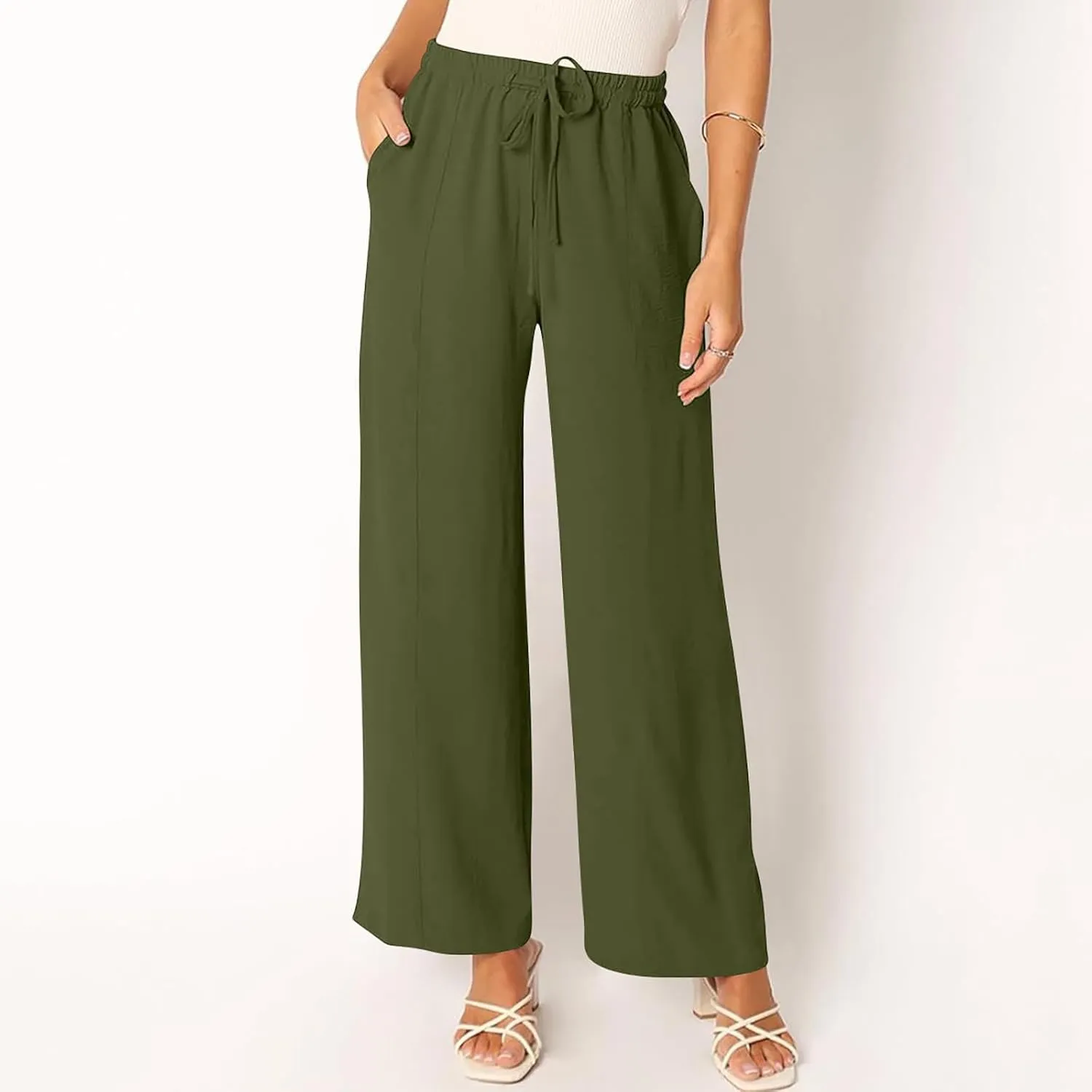 Lounge Pants for Women Casual Elastic Waist Wide Leg Pants with Pockets Casual Summer Cotton Linen Long Trousers 2025