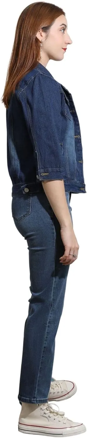 loveimgs Women Casual 3/4 Sleeve Button Down Cropped Denim Jean Jacket Motorcycle Short Jacket